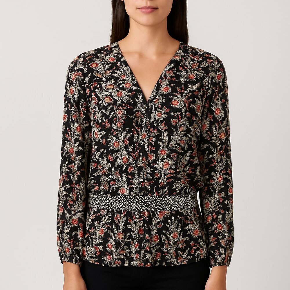 Joie NWOT Black Feather Print Peasant Blouse Size Small
